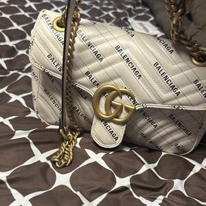 Balenciaga Cream Quilted Shoulder Bag with Gold Chain